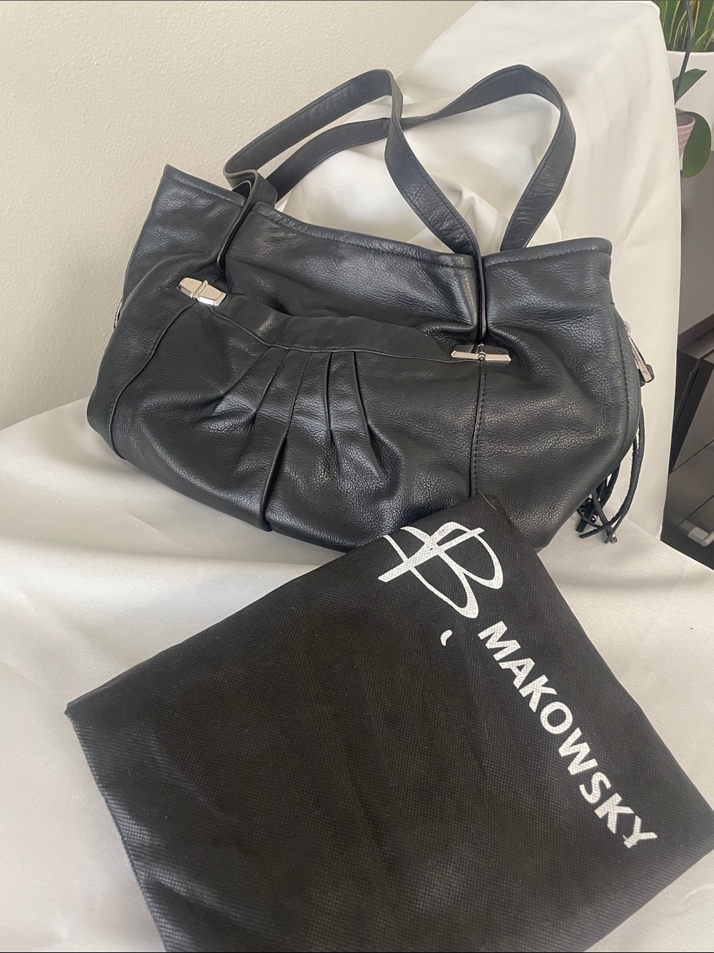 b. makowsky Black Leather Pleated Shoulder Bag